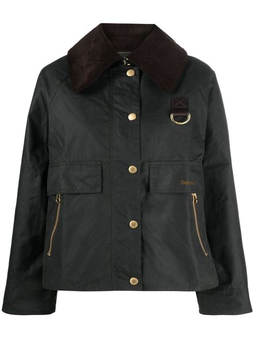 Giacca corta Barbour Catton da donna verde salvia in cotone cerato con maxi colletto BARBOUR | LWX1333SG51