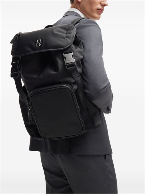 Zaino uomo BOSS nero in twill con patta e monogramma Double B BOSS | 50516809001