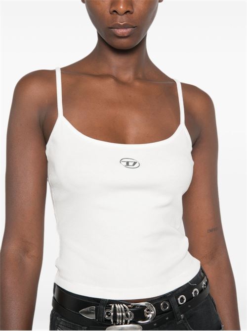 Canotta Diesel T-Hupy-Od da donna bianca a costine con logo Oval D metallico DIESEL | A19911OJMBA141
