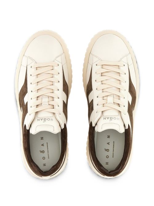 Sneakers uomo Hogan H-Stripes panna e marrone in pelle e suede HOGAN | HXM6450FE91N1M762F.