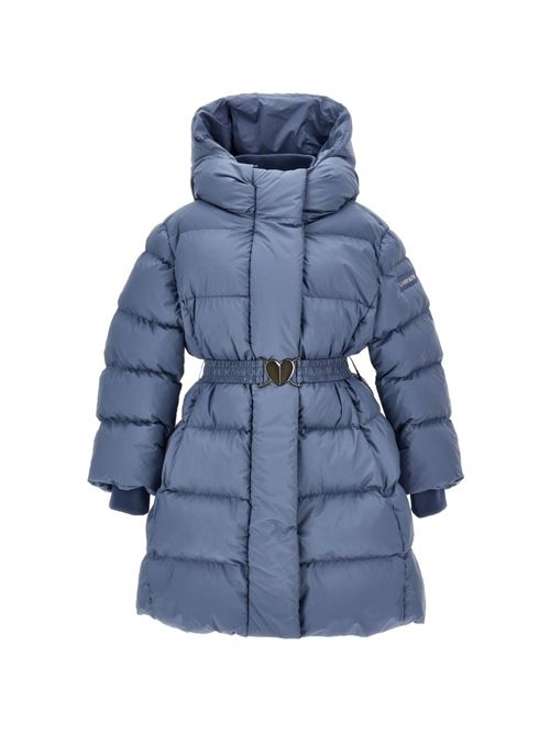 Piumino lungo Monnalisa da bambina color avio con cappuccio e cintura a cuore MONNALISA | 17H10080200051