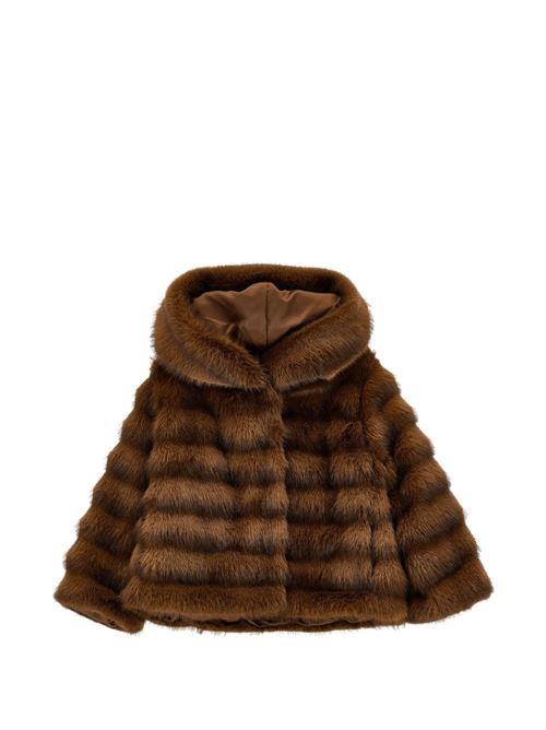 Pelliccia Monnalisa da bambina marrone scuro in morbido tessuto peluche con cappuccio MONNALISA | 17H10180330006
