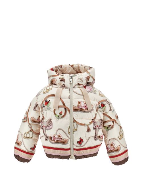 Piumino Monnalisa da bambina color Gardenia con stampa equestre, fiori e stivali MONNALISA | 19H1008021029F