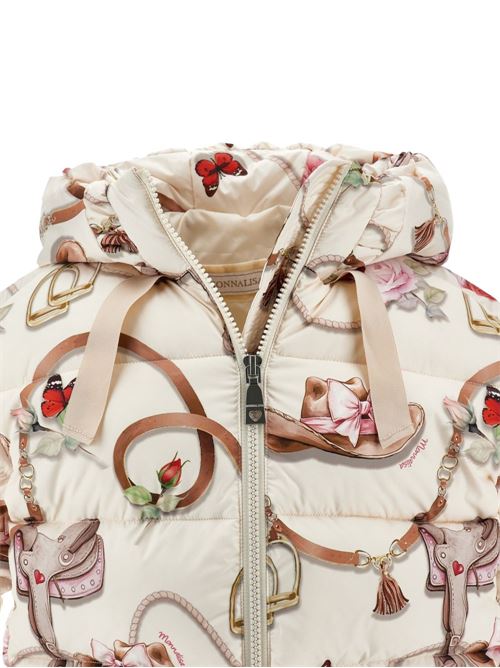 Piumino Monnalisa da bambina color Gardenia con stampa equestre, fiori e stivali MONNALISA | 19H1008021029F