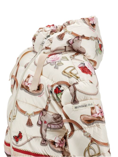 Piumino Monnalisa da bambina color Gardenia con stampa equestre, fiori e stivali MONNALISA | 19H1008021029F
