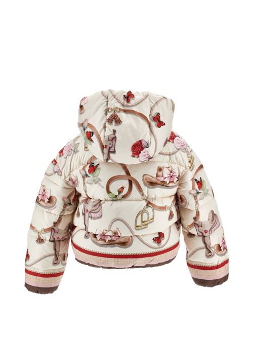 Piumino Monnalisa da bambina color Gardenia con stampa equestre, fiori e stivali MONNALISA | 19H1008021029F