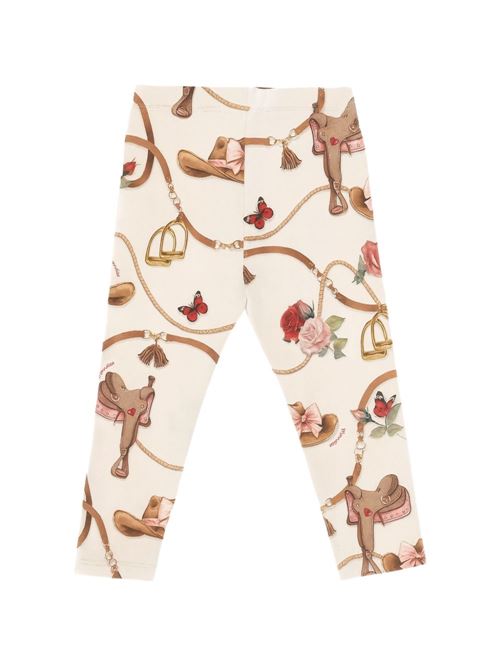 Leggings Monnalisa da bambina color Gardenia con stampa equestre all over MONNALISA | 19H403NP8011029F