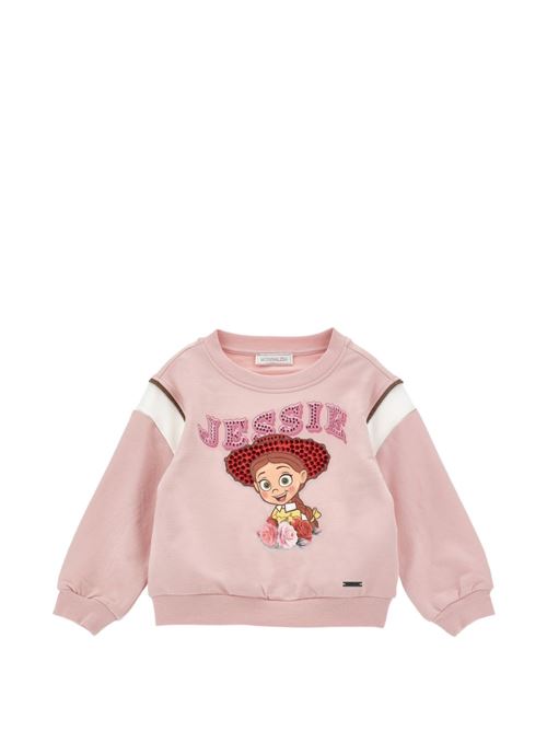 Felpa Monnalisa da bambina rosa con stampa Jessie di Toy Story, strass e fiori applicati MONNALISA | 19H600NP8006094F