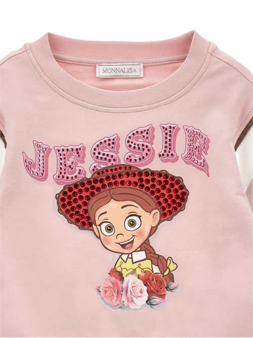 Felpa Monnalisa da bambina rosa con stampa Jessie di Toy Story, strass e fiori applicati MONNALISA | 19H600NP8006094F
