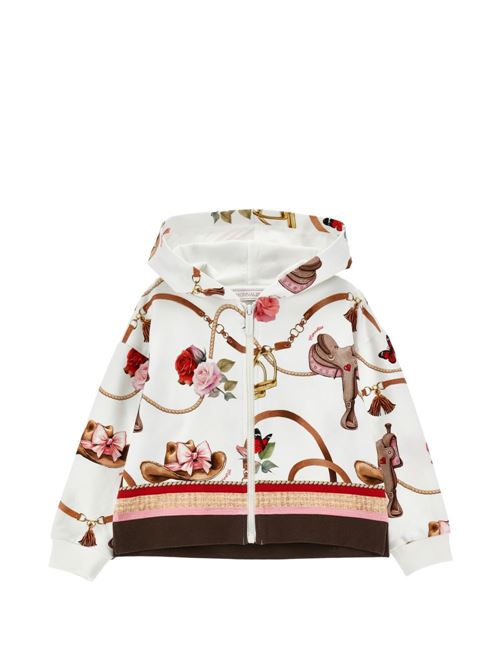 Felpa aperta Monnalisa da bambina color Gardenia con cappuccio e stampa equestre MONNALISA | 19H8008005029F