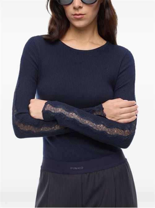 T-shirt donna Pinko Copenaghen blu a costine con pizzo PINKO | 107269A3I0G02