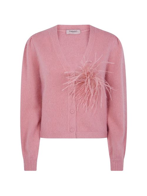 Cardigan Twinset rosa in lana con maniche a sbuffo e dettaglio in piume TWINSET | 262TP326100916