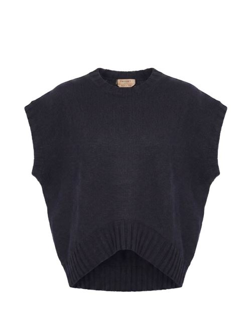 Maglia smanicata Twinset blu navy in misto lana e cashmere con lavorazione a coste TWINSET | 262TP350511989