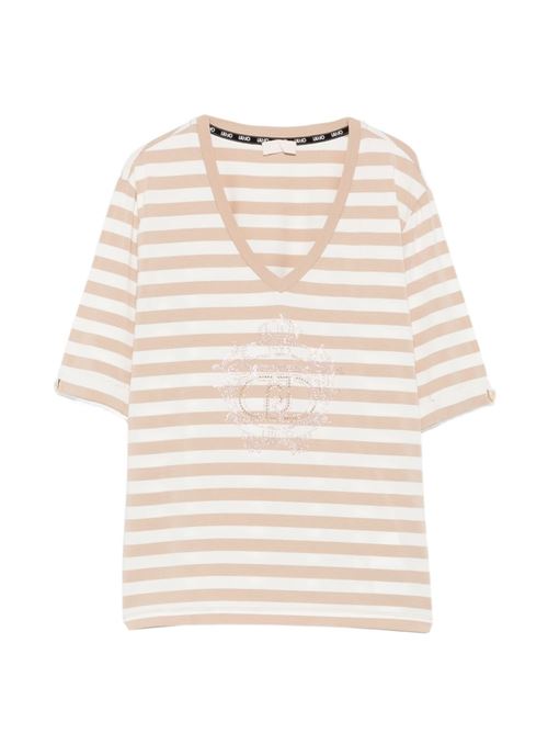 T-shirt donna Liu Jo beige e bianca rigata con strass LIU-JO | TA6206JS005C3883