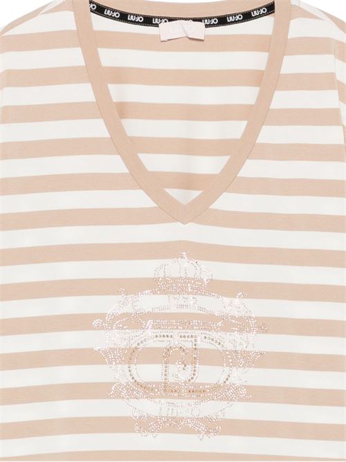 T-shirt donna Liu Jo beige e bianca rigata con strass LIU-JO | TA6206JS005C3883