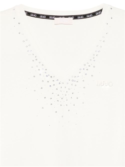 T-shirt donna Liu Jo bianca con scollo v e strass LIU-JO | TA6284JS92310105