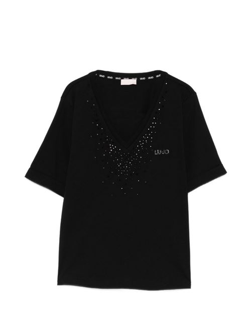 T-shirt donna Liu Jo nera con scollo a V e strass LIU-JO | TA6284JS92322222