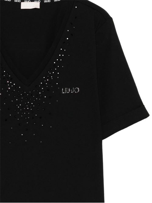 T-shirt donna Liu Jo nera con scollo a V e strass LIU-JO | TA6284JS92322222