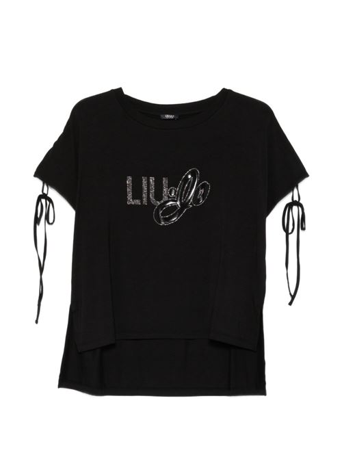T-shirt donna Liu Jo nera over con logo infilato sulle spalle LIU-JO | VA6166JS360N9129