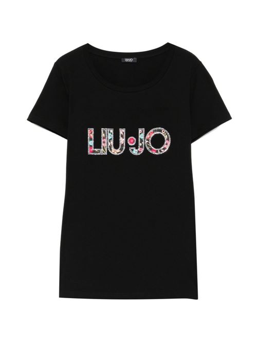 T-shirt donna Liu Jo slim nera con fantasia fiori e logo LIU-JO | VA6169JS003W9449