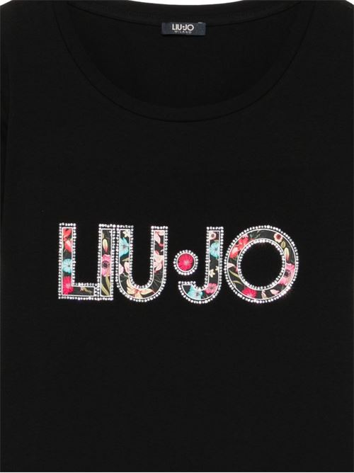 T-shirt donna Liu Jo slim nera con fantasia fiori e logo LIU-JO | VA6169JS003W9449
