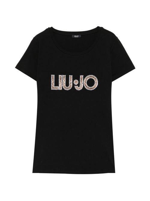 T-shirt donna Liu Jo slim nera leopardata con logo LIU-JO | VA6169JS003Y9908