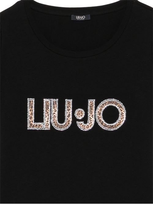 T-shirt donna Liu Jo slim nera leopardata con logo LIU-JO | VA6169JS003Y9908