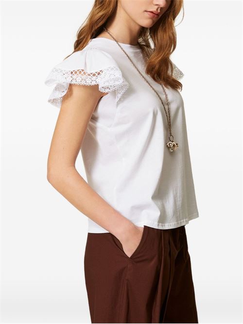 T-shirt donna bianca con pizzo TWINSET | 261TT206400001