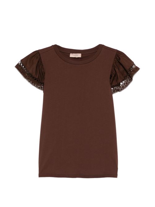 T-shirt donna marrone con dettagli in pizzo TWINSET | 261TT206412110
