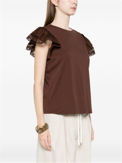 T-shirt donna marrone con dettagli in pizzo TWINSET | 261TT206412110