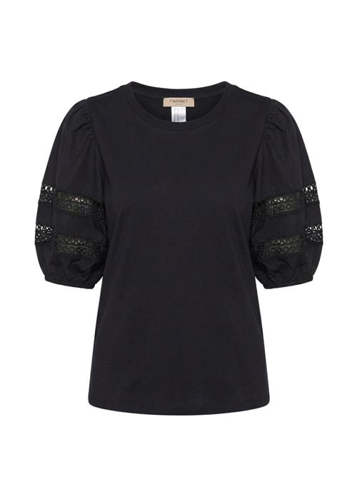 T-shirt donna nera con dettagli in pizzo TWINSET | 261TT226000006