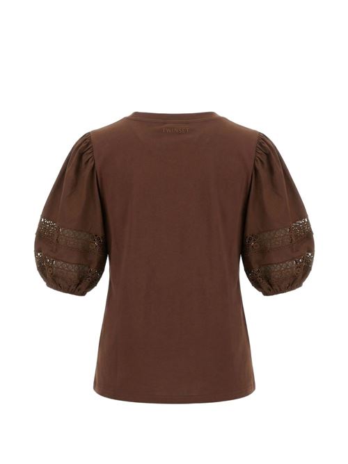 T-shirt donna marrone con dettagli in pizzo TWINSET | 261TT226012110