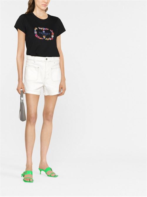 T-shirt donna con logo frontale e ricamo floreale TWINSET | 222TT215100006