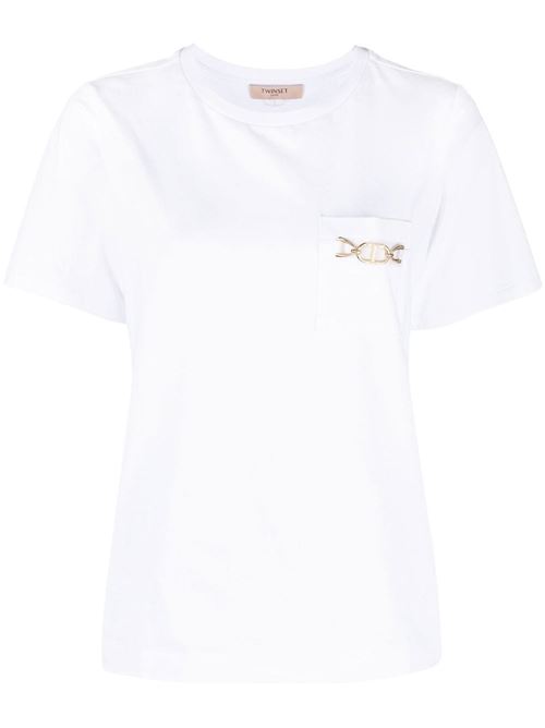 T-shirt bianca donna con morsetto e logo oro sul petto TWINSET | 222TT241200001